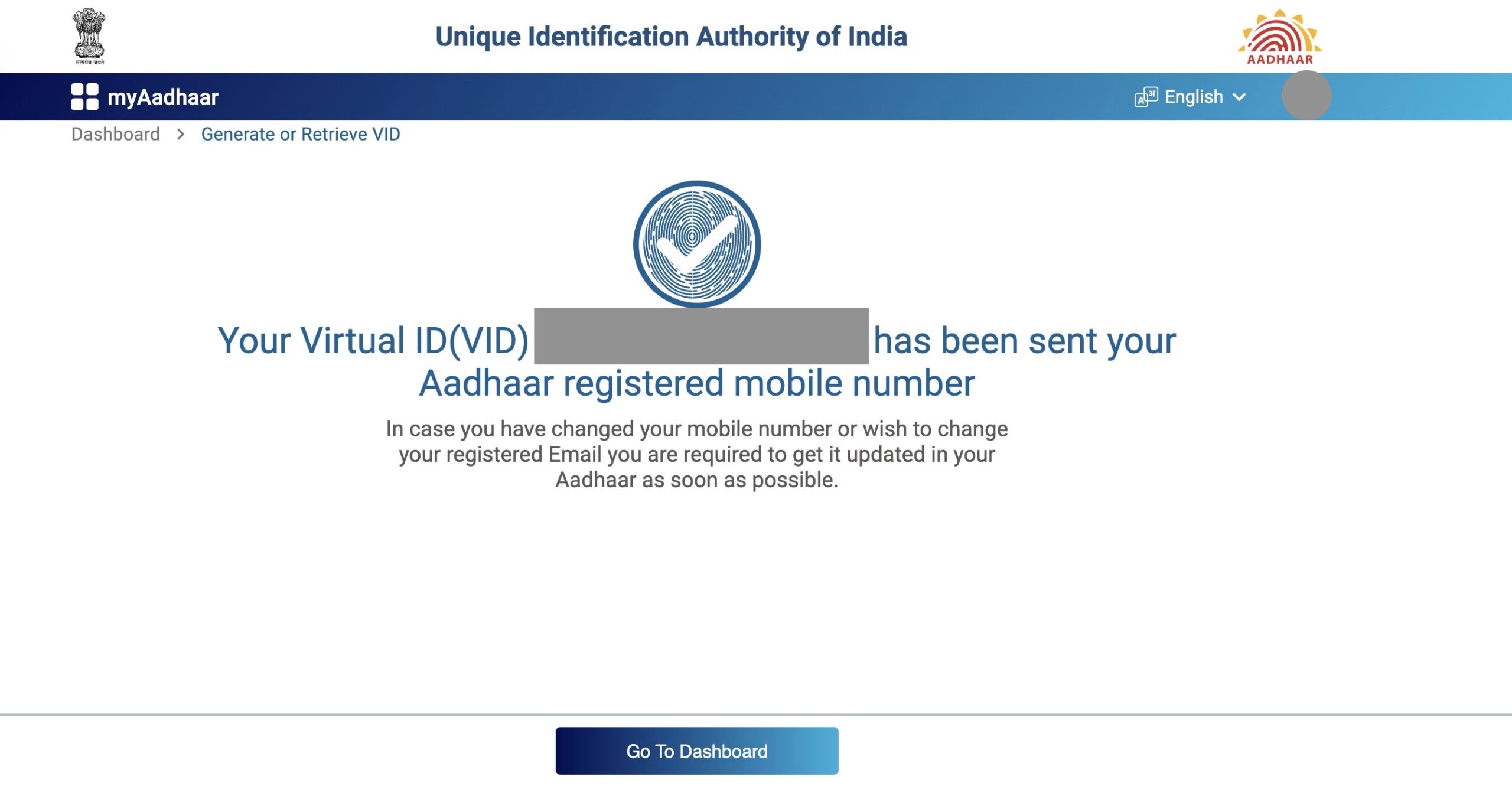 Your Virtual ID has been sent to your Aadhaar registered mobile number