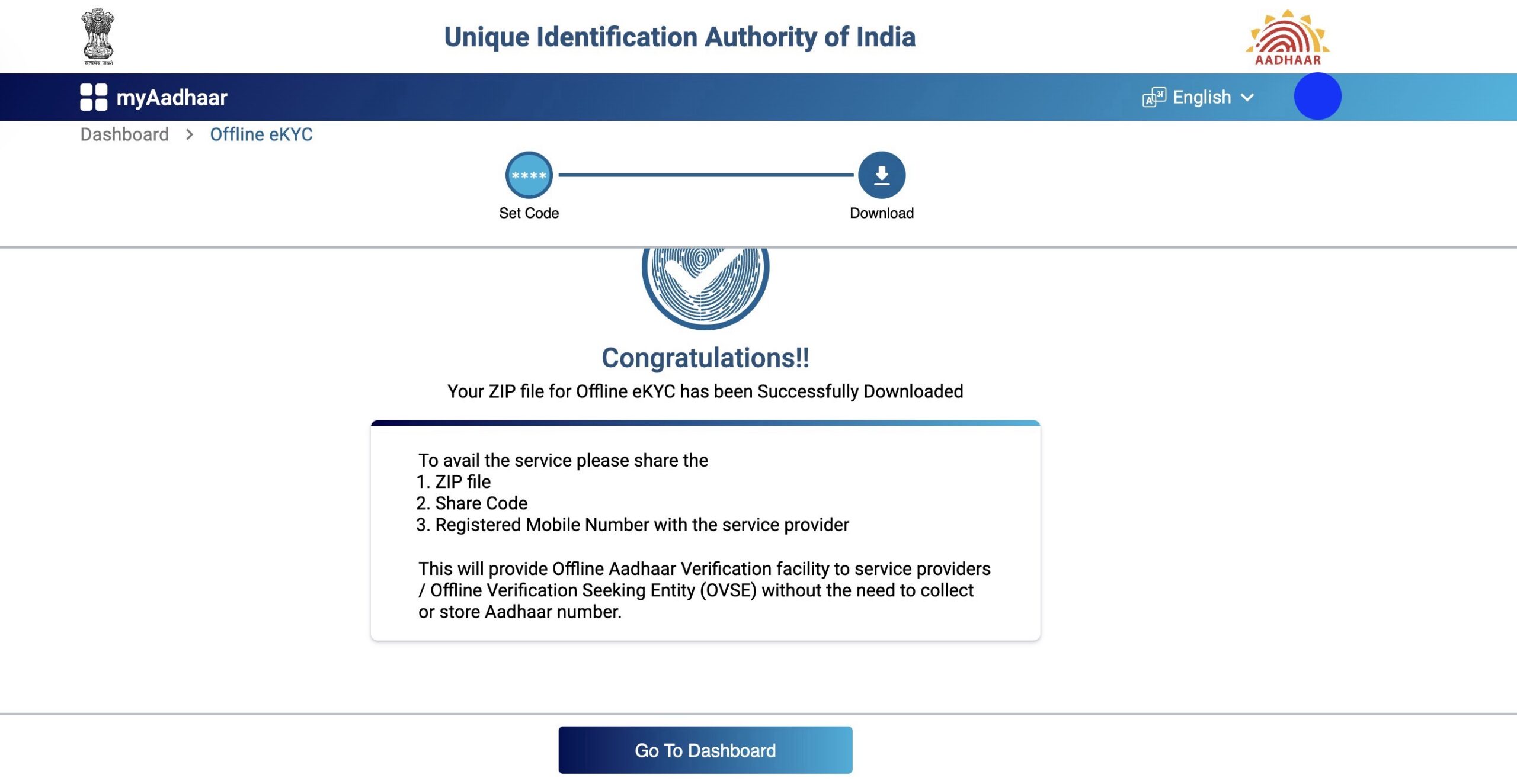 Congratulations !!! Your Offline Aadhaar File Has Been Successfully Downloaded