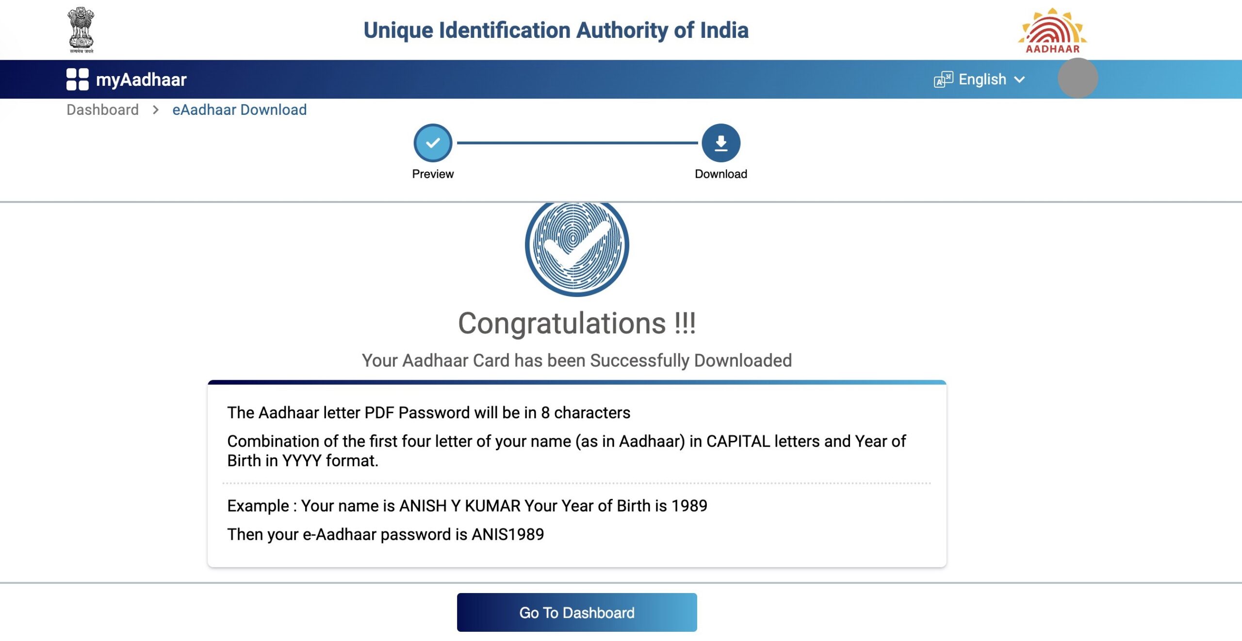 Congratulations !!! Your Aadhaar Card has been successfully downloaded