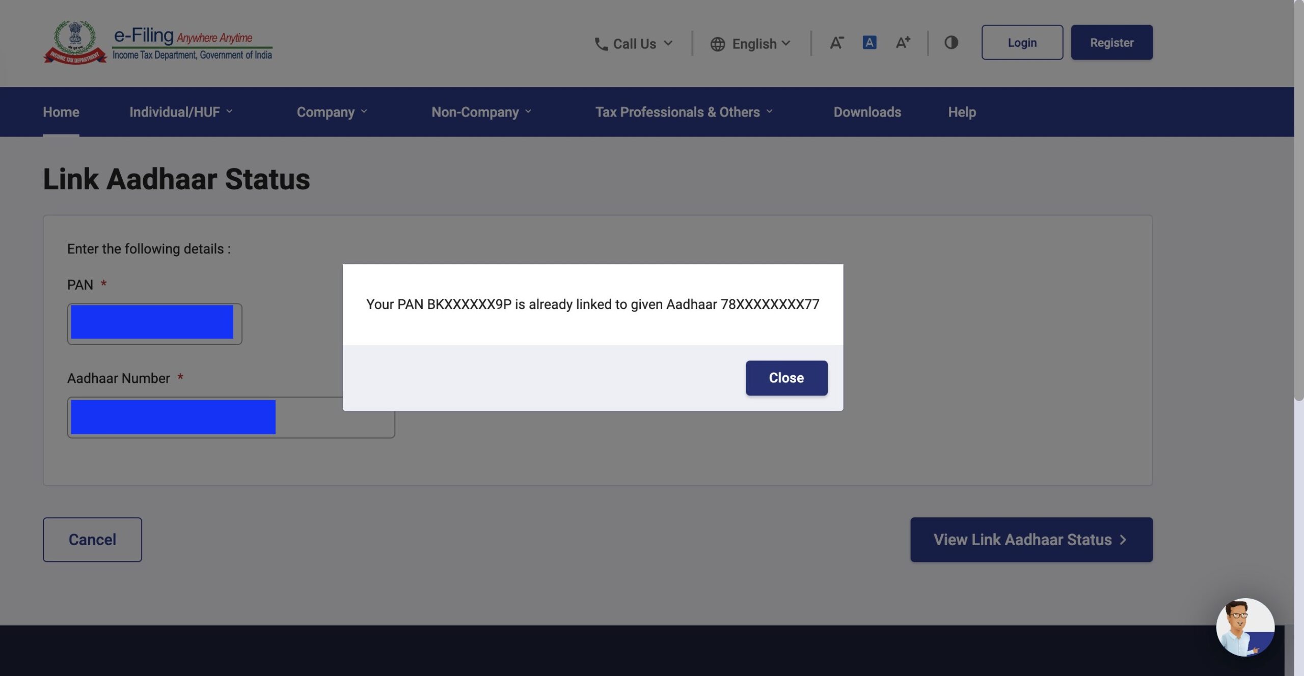 Your PAN is already linked to given Aadhaar Number