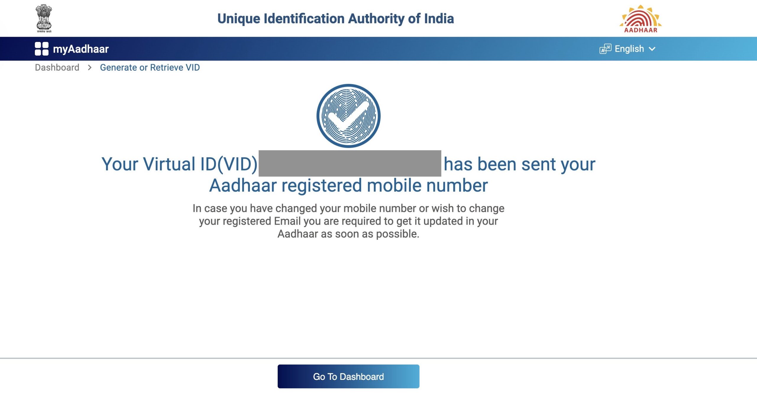 Your Virtual ID has been sent to your Aadhaar registered mobile number