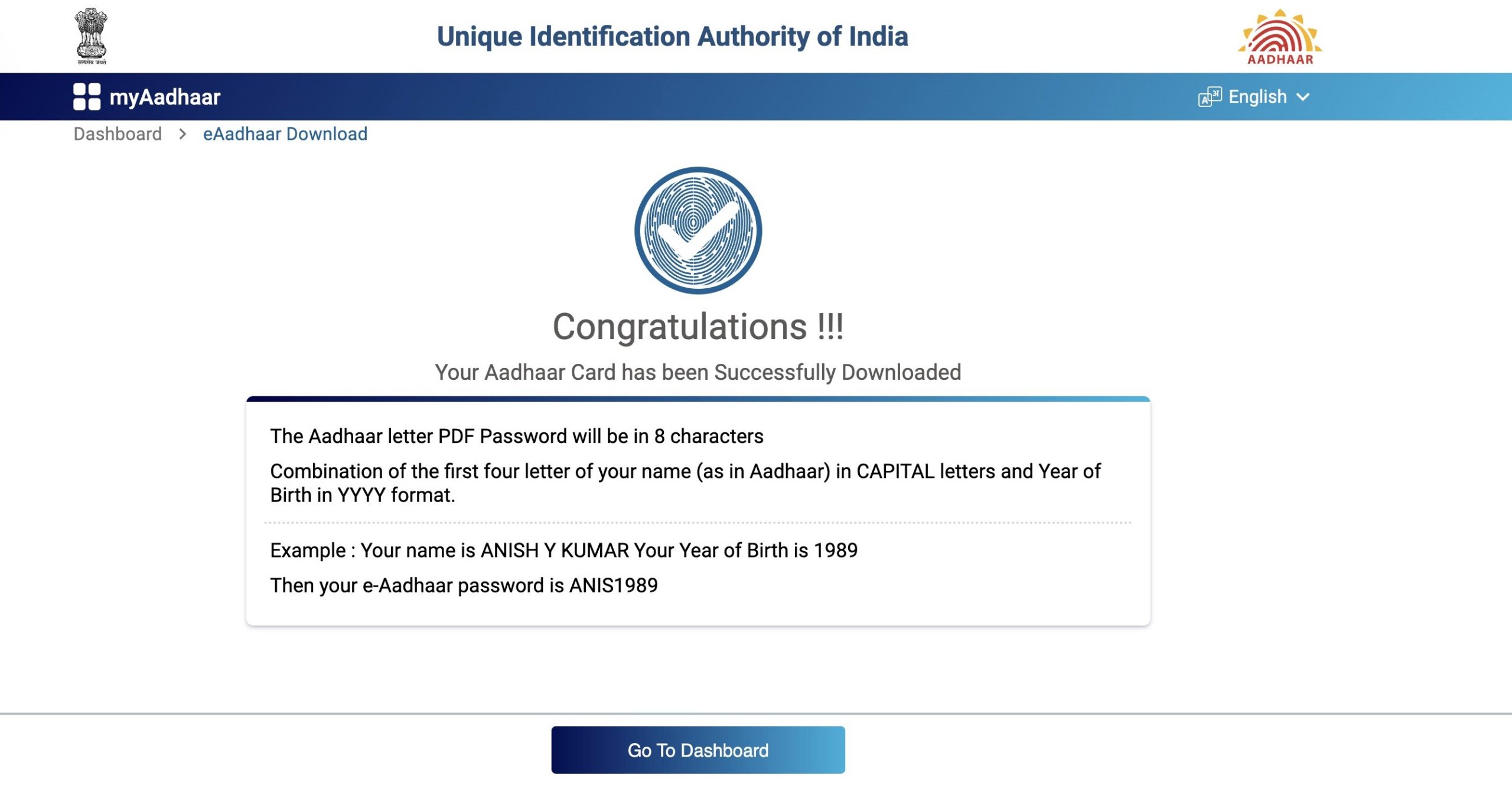 Congratulations !!! Your Aadhaar Card has been successfully downloaded