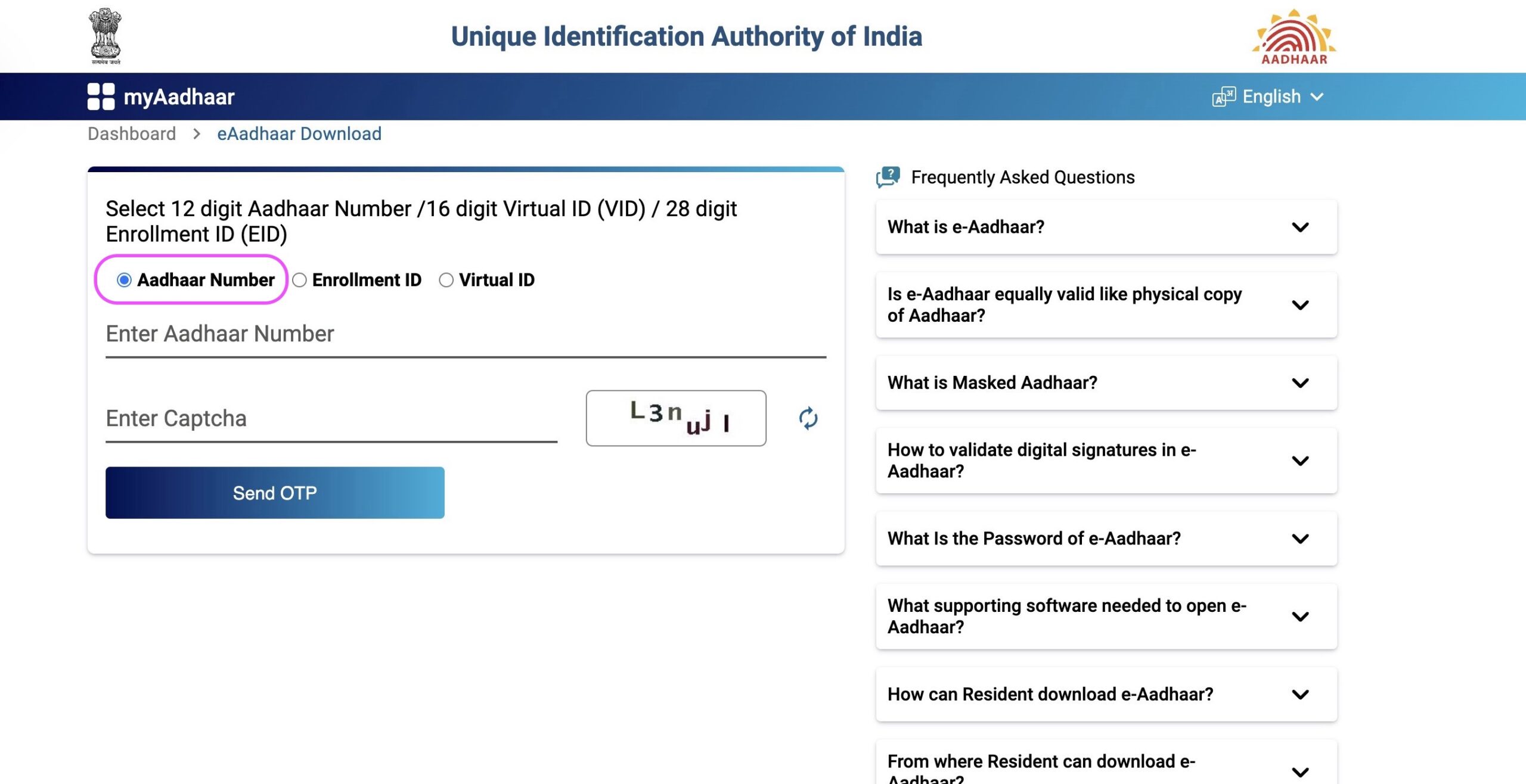 Select "Aadhaar Number"