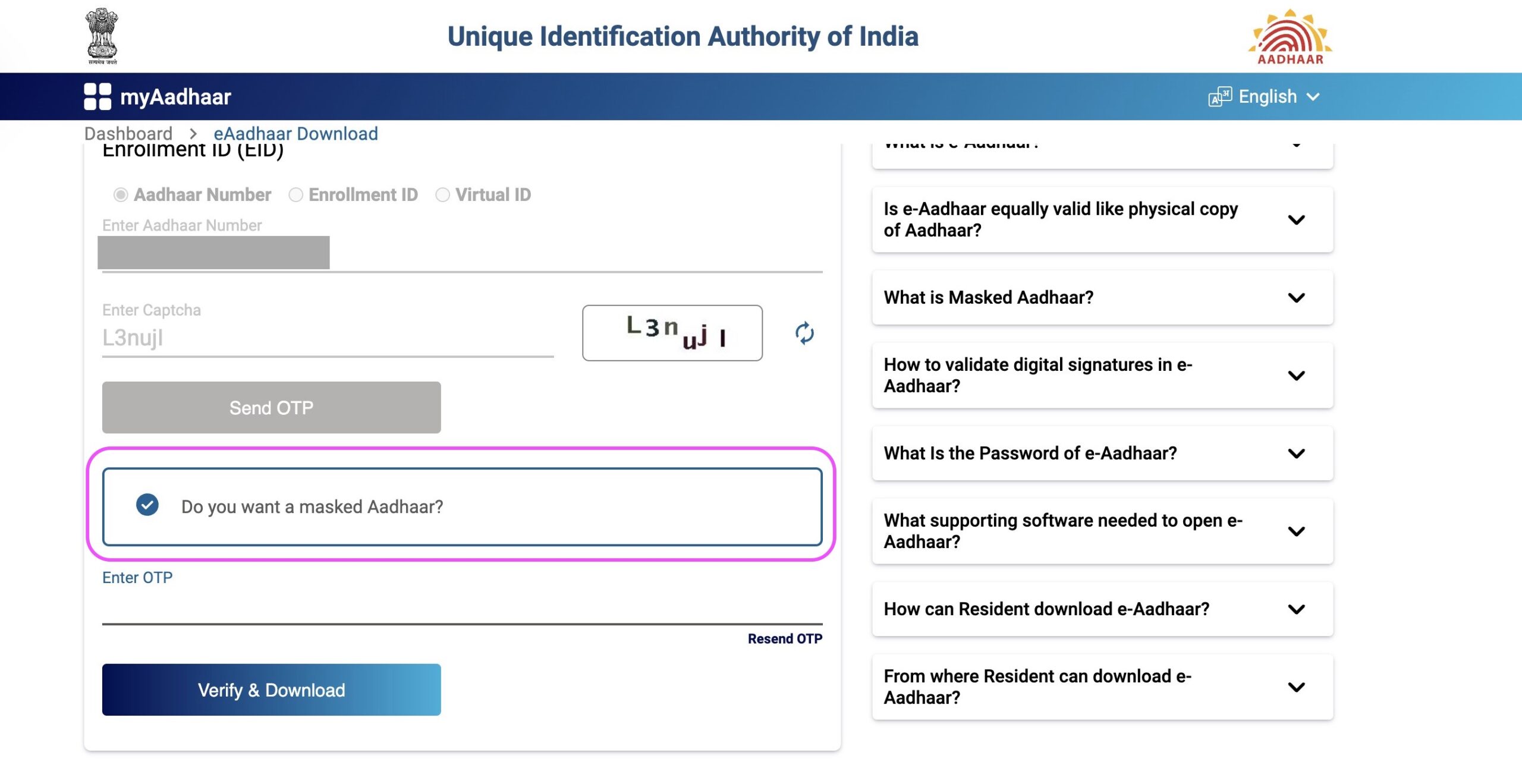 To select the option "Do you want a masked Aadhaar?" to download Masked Aadhaar