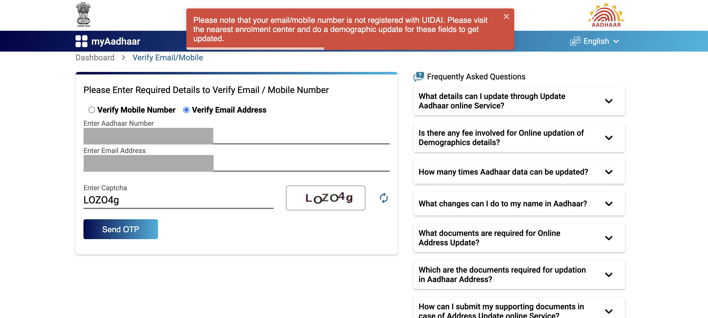 Your email/mobile number is not registered with UIDAI