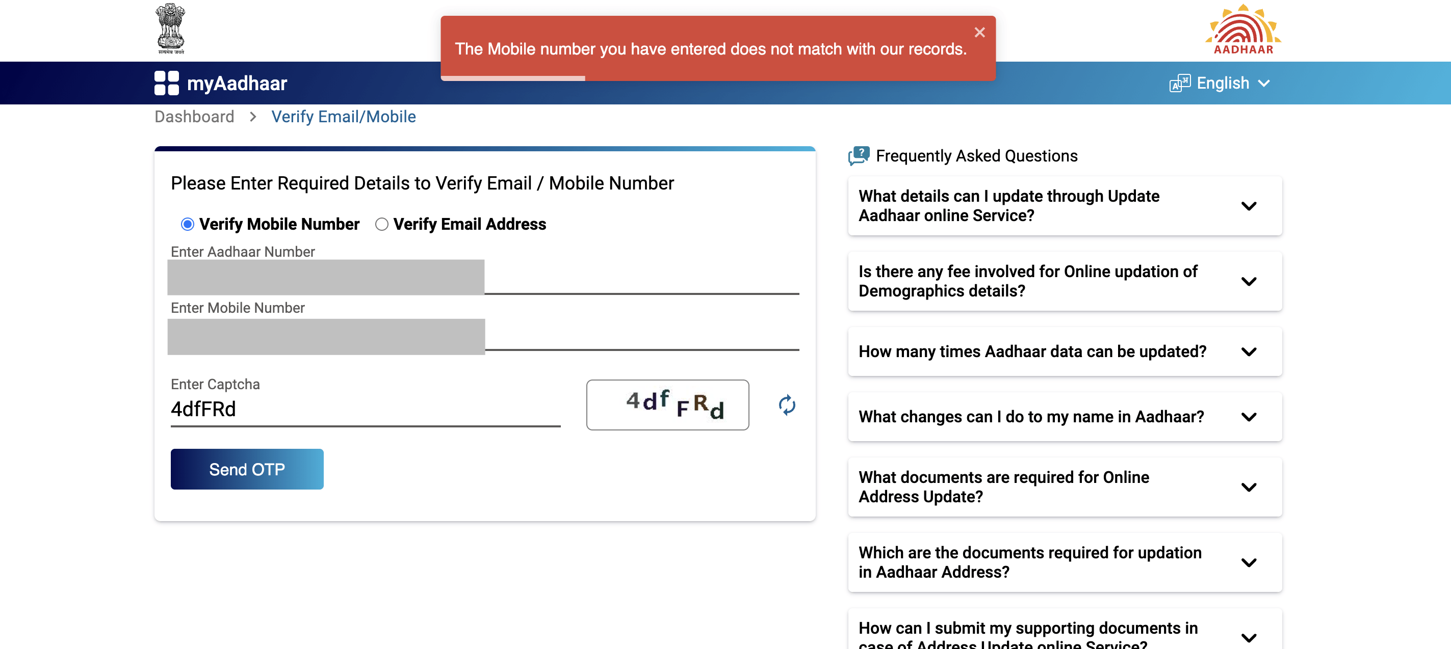 The mobile number you have entered doesn't match with our records